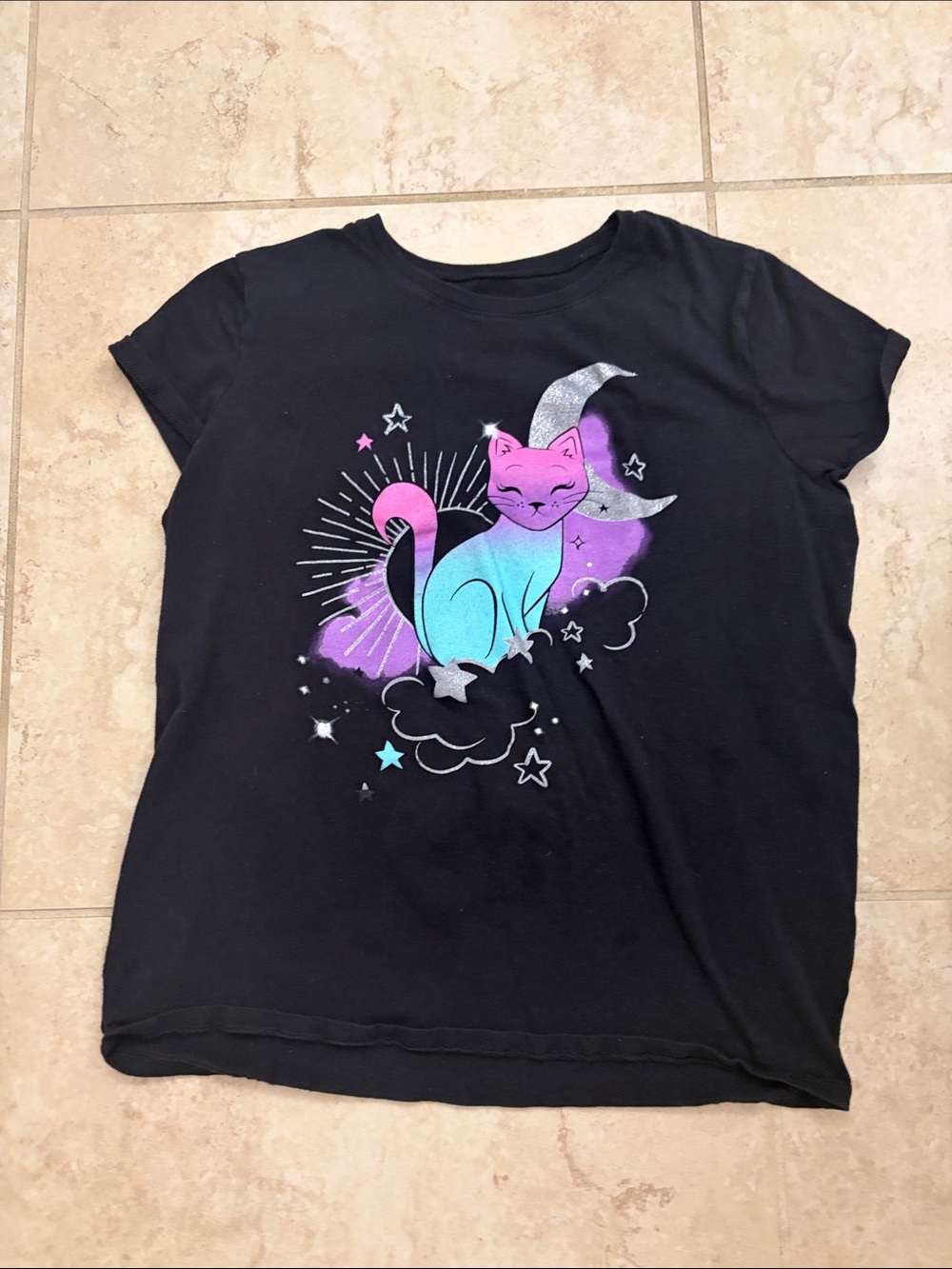 4/$12 Children’s Place Black Tee with Iridescent Cat Graphic